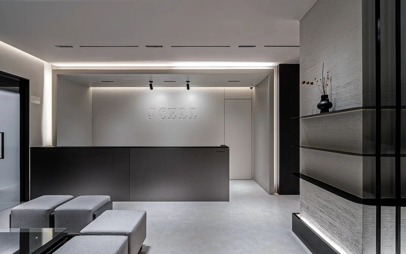 The reception and seating area inside Jcell Clinic in Cheongdam, Seoul
